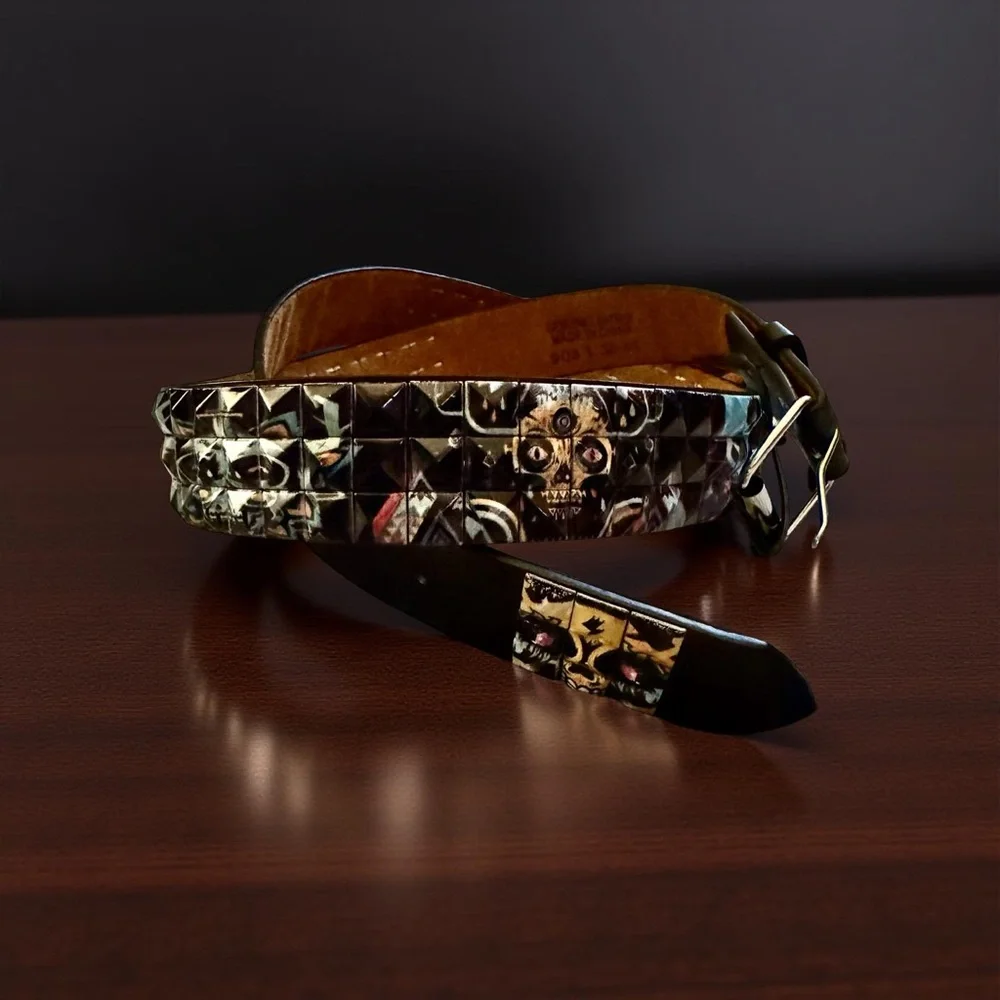Edgy Skull Leather Belt Black Blue Yellow Streetwear Unisex Size 38-40 Statement - Picture 2 of 4